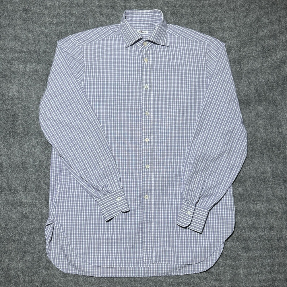 Kiton Napoli Purple Plaid Long Sleeve Button Up Shirt Men Size 16.5 42 Italy